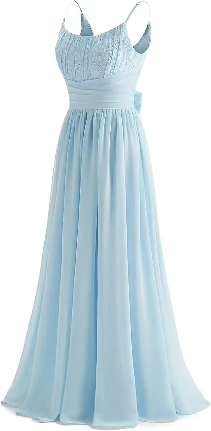 Spaghetti Strap Chiffon Bridesmaid Dresses for Women Long Lace Ruched Aline Scoop Neck Prom Formal Evening Gowns Party Dresses