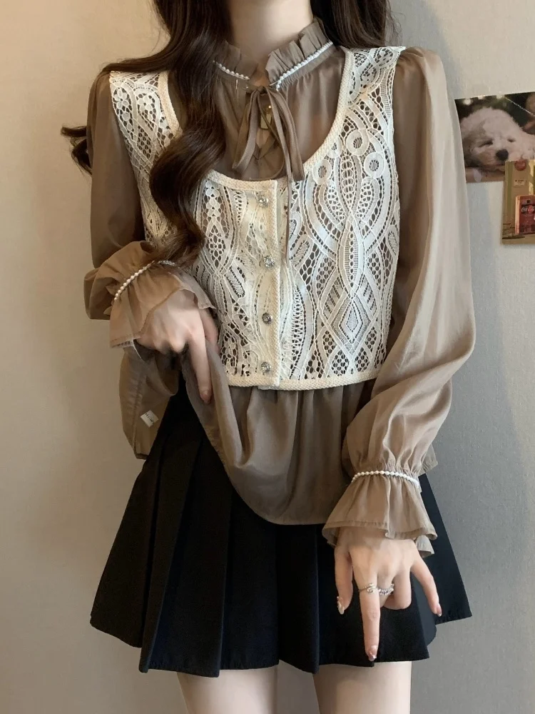 Lace Patchwork Chiffon Shirt Women's Spring Autumn plus Size Fashion Slimming Design Korean Style Button Detail Bell Sleeve Top