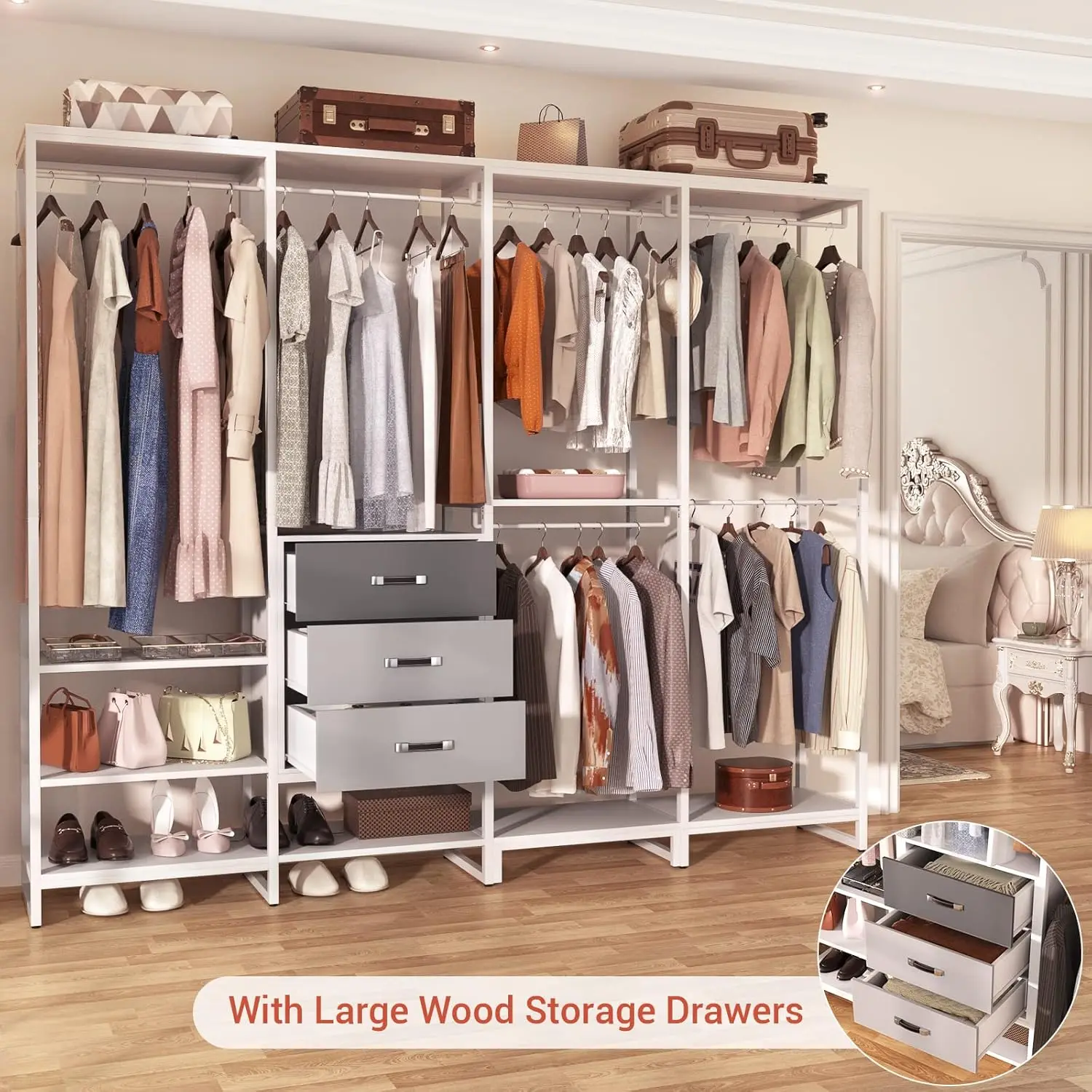 Wood Clothes Rack Wardrobe Closet for Hanging Clothes Heavy Duty Garment Rack, Large Corner L Shaped Closet System