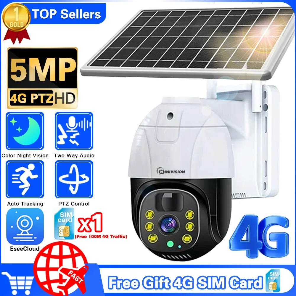 

5MP PTZ Solar Power 4G Camera Outdoor IP66 Waterproof Built-in Battery Surveillance Cam PIR Auto-Tracking Free Gift 4G SIM Card