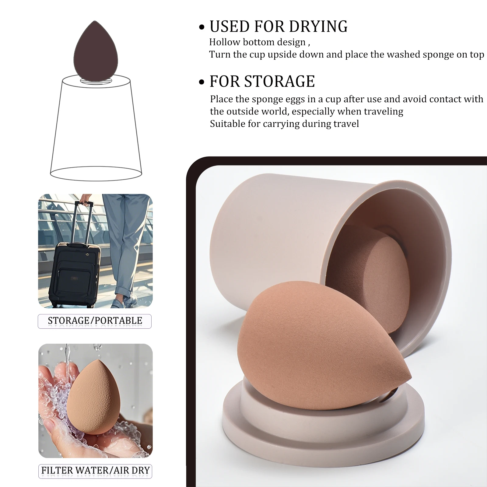 Coffee-Colored Makeup Brush Set with Wooden Handles 10-Piece Ladies Cosmetic Tools Including Makeup Sponges