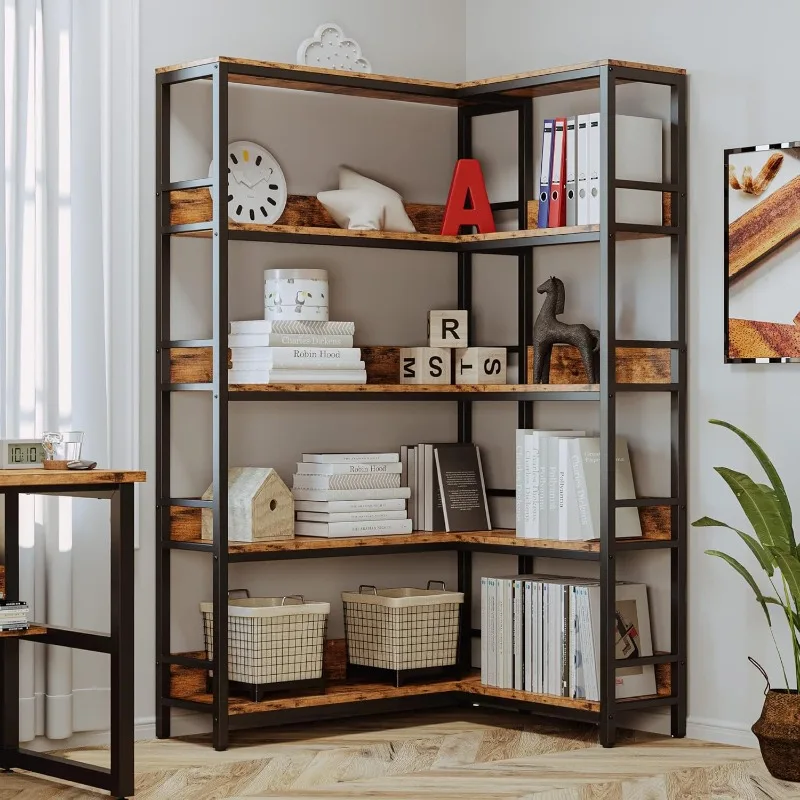 Industrial Bookshelves Five Tiers Corner Bookcases with Baffles Etagere Shelf Storage Rack with Metal Frame for Living Room