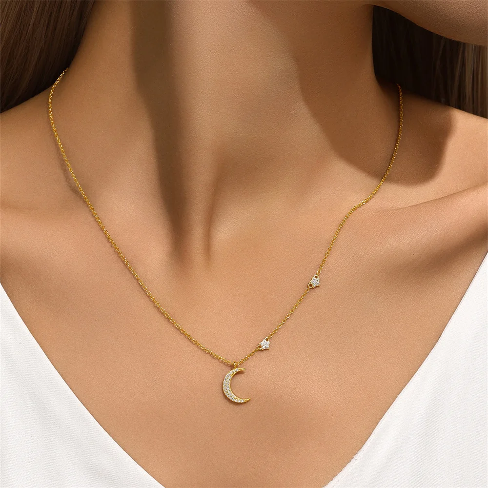 LENNIK 925 Silver Necklace Women Gold Versatile Round Pearl Moon Zircon Ring Interlocking Fashion Necklace  regalos para mujer