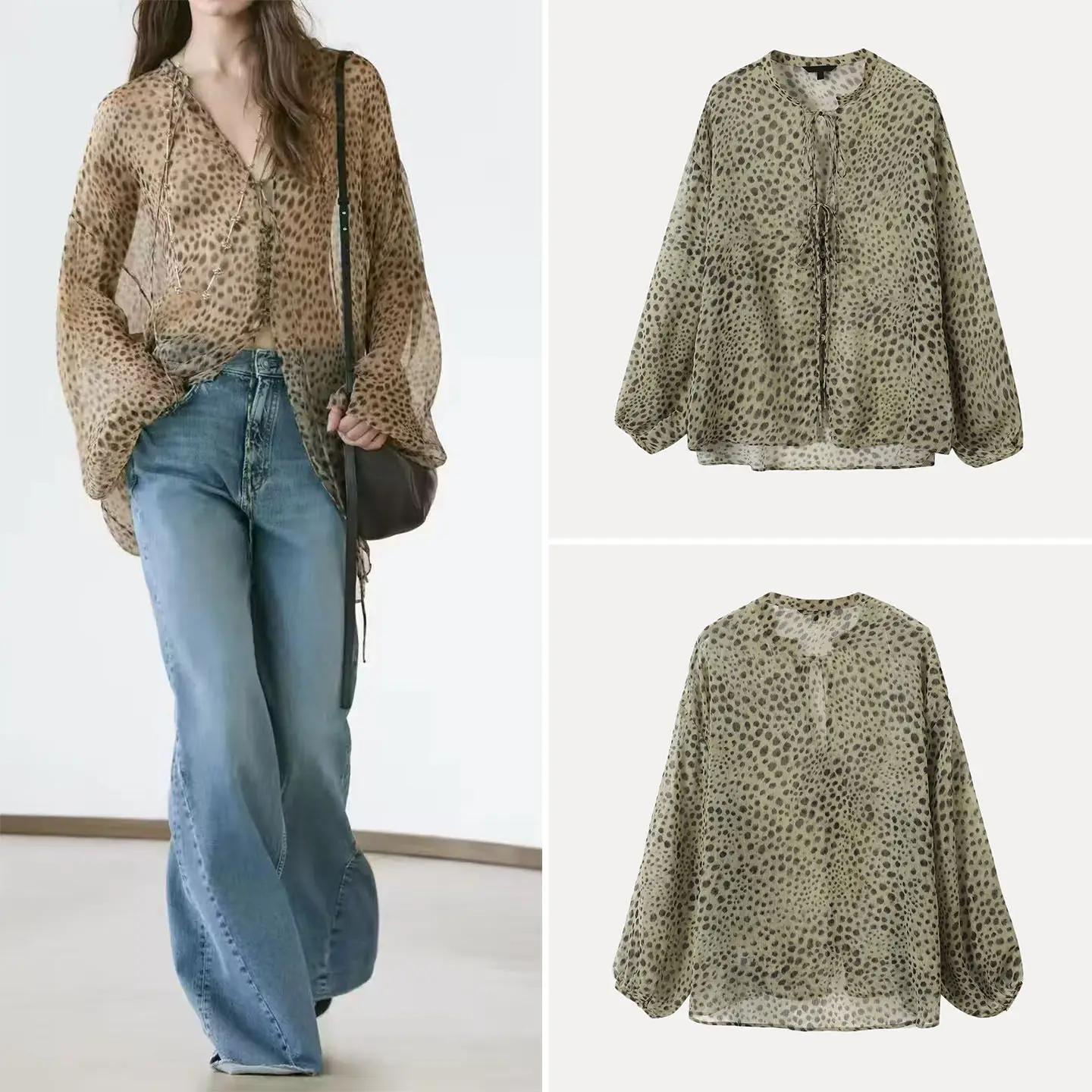 

Women's Summer 2026 Leopard Print V-Neck Long Sleeve Shirt Cover up Fashion Versatile Straight Cut Other Material 100%