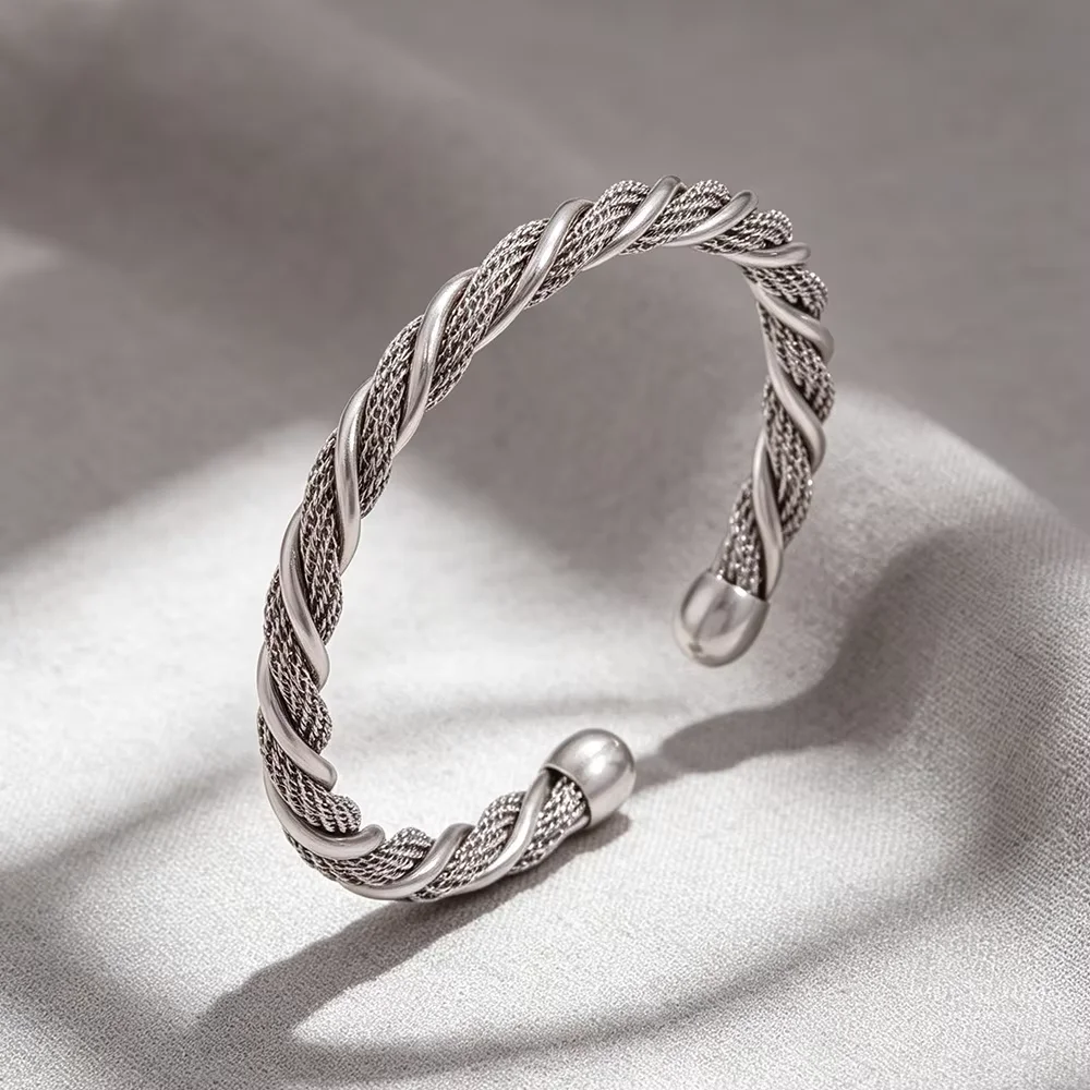 316L Stainless Steel Twisted Bangles For Women Man C-Shape Goth Cuff Open Trendy Bracelet Waterproof Jewelry Gifts Party Wear