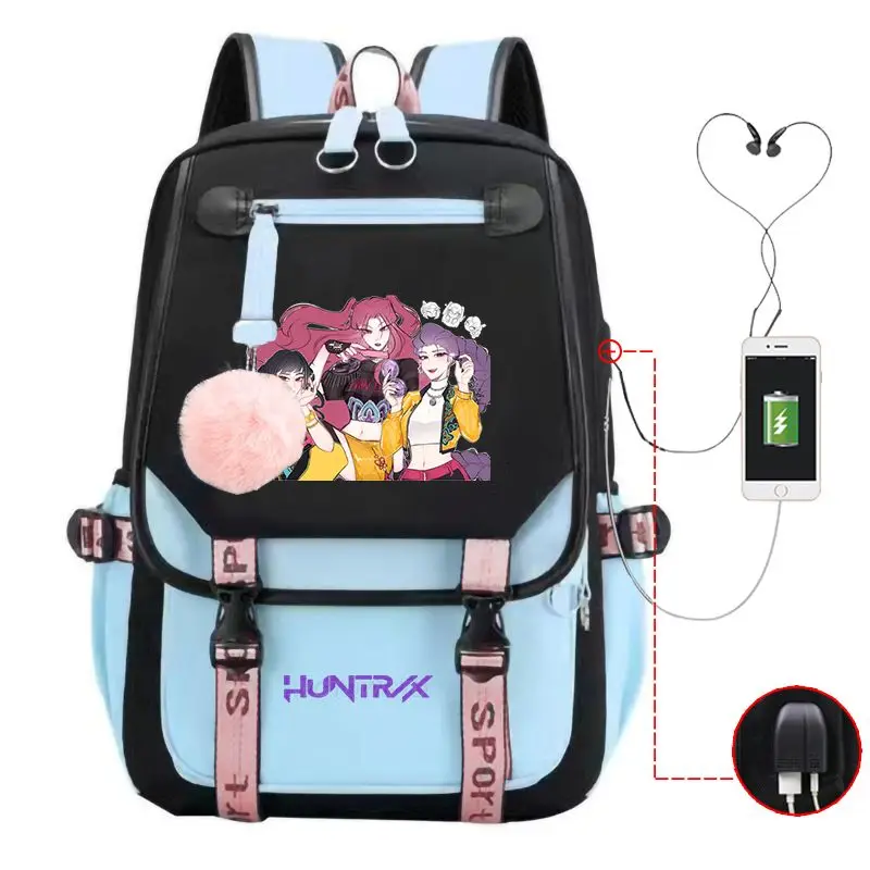 Mochila KPop Demon Hunters Rumi Mira Zoey HUNTR/X, mochila escolar con estampado de moda de dibujos animados para estudiantes equipada con mochila con interfaz USB