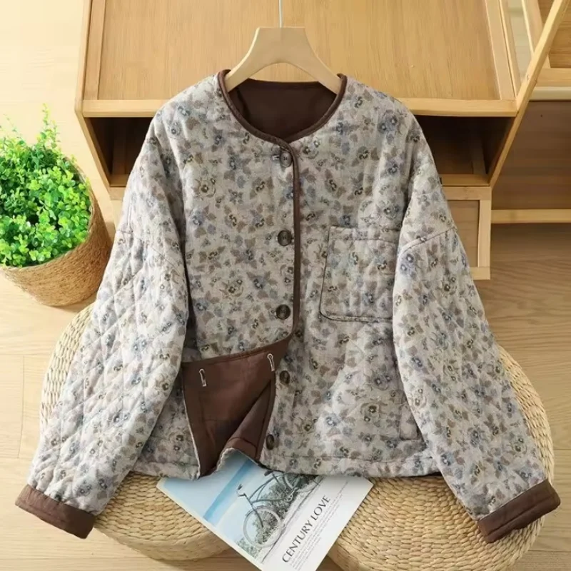 Women'S Fashion Quilted Jacket - Korean Retro Floral Cotton Padded Jacket