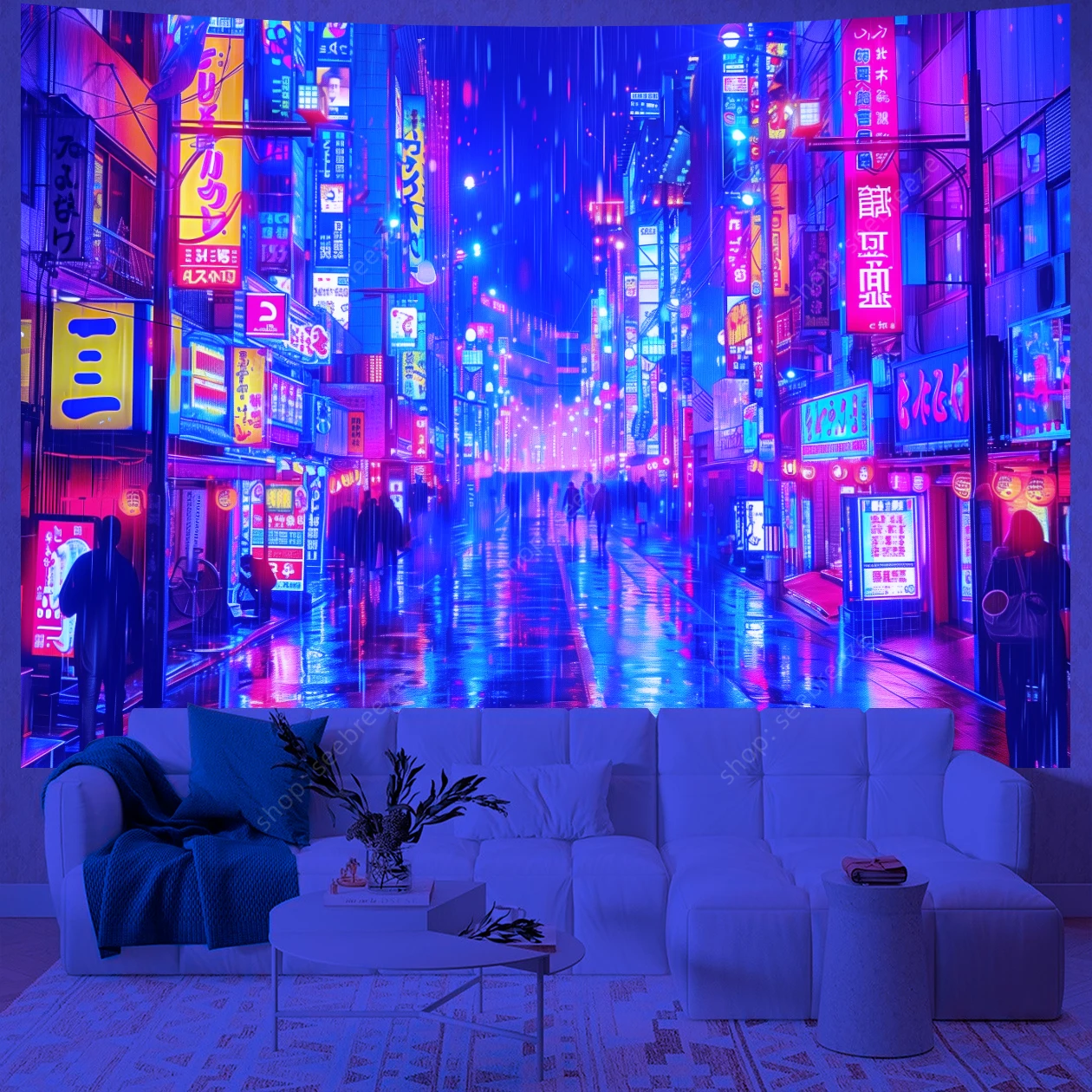 Japanese Anime Art UV Reactive Tapestry Tokyo Bustling Night Market Street Scene Wall Hanging Curtain Decor Home Wall Tapestries