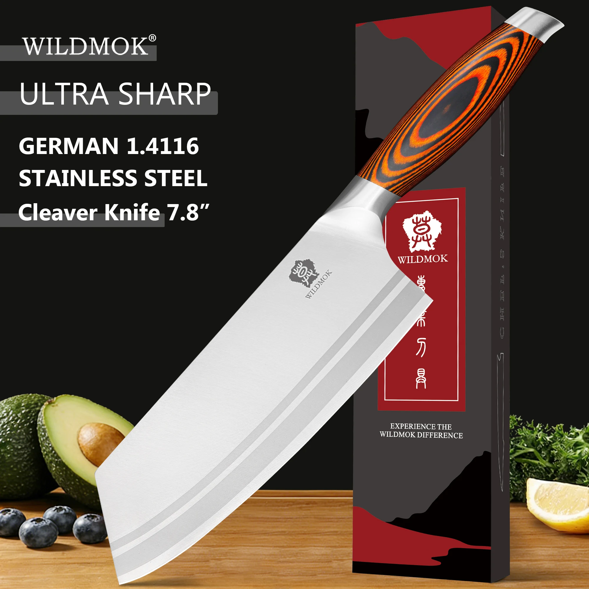

WILDMOK 7.8 Inch Meat Cleaver, German Steel Sharp Chinese Kitchen Chopping Knife with Ergonomic Pakkawood Handle