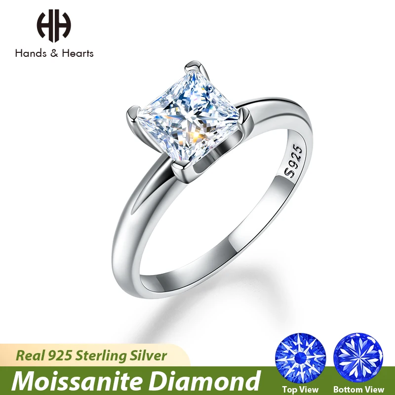 

H & H 1CT Princess Cut Moissanite Diamonds Real 925 Sterling Silver Adjustable Rings for Women Wedding Engagement Fine Jewelry