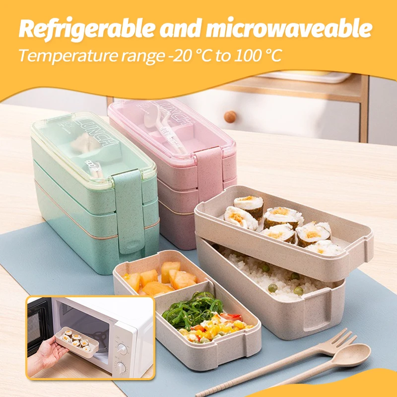 Los estudiantes y adultos se pueden calentar comida con reducción de grasa, fiambrera cuadrada de tres capas, comida de trigo, puede contactar con el Material