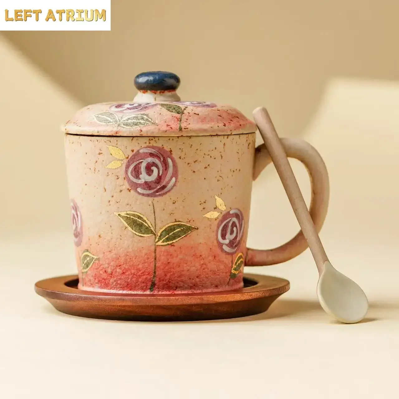 230ML Blue and White Flint Red Coffee Cup Women's Personal Ceramic Afternoon Tea Drinking Cup Hand-painted Rose Latte Cup Gift