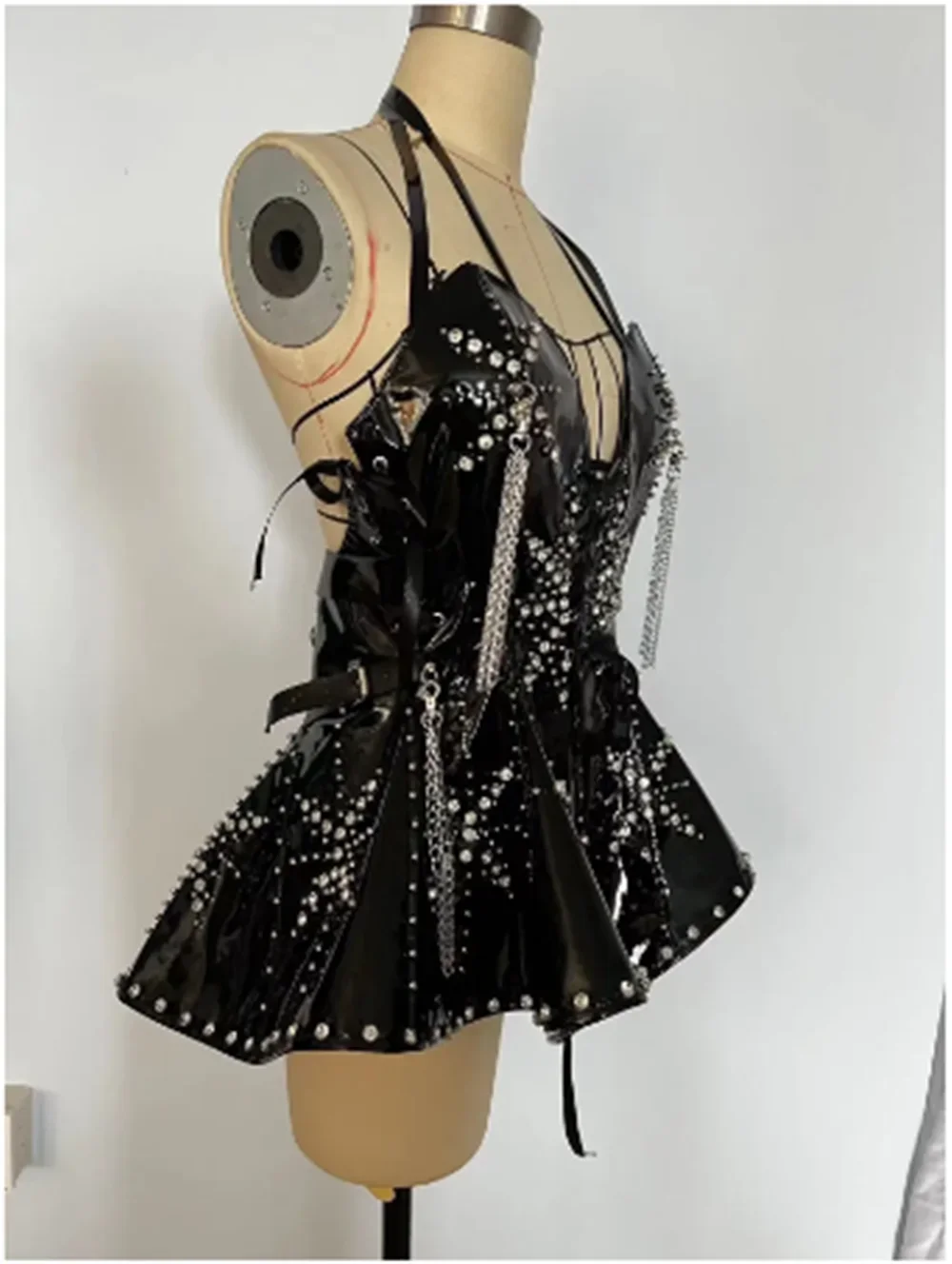 Punk Rivet Sexy Backless Black Pu Leather Dress Jazz Dance Clothes Nightclub Gogo Dancer Dj Ds Stage Wear abiti da festa