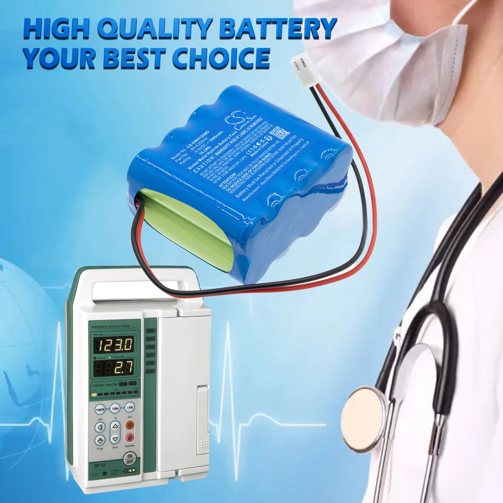 Replacement 9.6V 2000mAh Medical Battery 8H-E200AA for DAIWHA AITECS-DF12, MP-1000