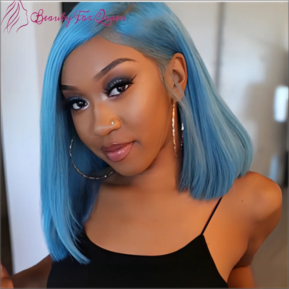 

HOT Sale Light Blue Short Straight Bob 13x4 HD Transparent Lace Front Wig - 100% Human Hair 180 Density Glueless Brazilian