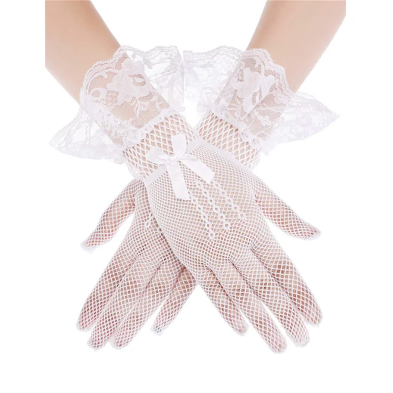 Guantes de malla a prueba de rayos Uv para mujer, manoplas de encaje de dedo completo, moda de verano, blanco y negro