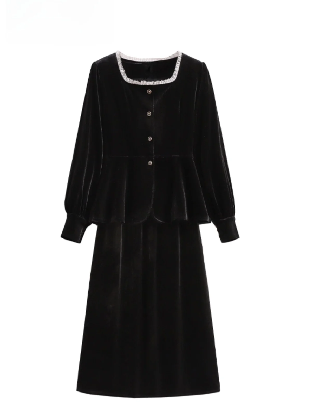 

plus Size Women's Velvet Dr Square Collar Casual Autumn Faion Set Universal Fit Midi Skirt Long Sve round Ne Dr