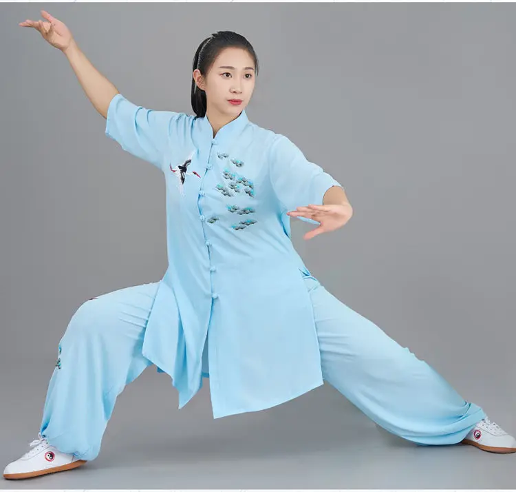 Custom Mint Green Ice Silk Tai Chi Suit, Pine Crane Pattern Thin Short Sleeve Unisex for Summer Practice