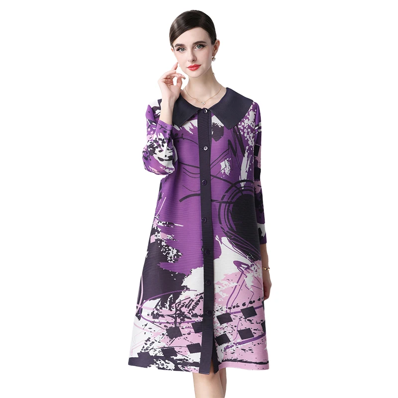 Miyake plissado lapela vestido 2025 verão novo tamanho grande abotoado cardigan vestido plissado xadrez emenda magia vestido longo