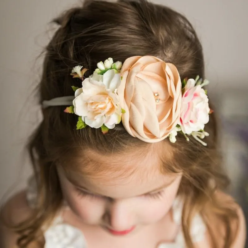 

Baby Girl Floral Headband Elastic Fabric Flower Rhinestone Hair Band Newborn Photography Prop Wedding Hair Accessories H1081