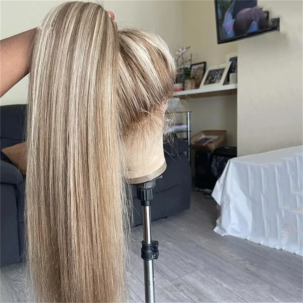 

Ponytail Wig Highlights Ash Blonde with Ash Roots Straight Wig Synthetic Fibre Mixed Human Hair Wig Realistic Full Wig HD Lace
