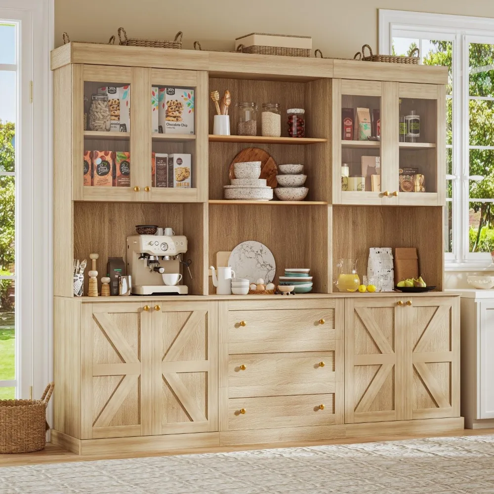 

71" Tall Farmhouse Kitchen Pantry,Brown Large Storage Cabinet with Glass Doors and Drawers, Freestanding Coffee Bar Hutch with M