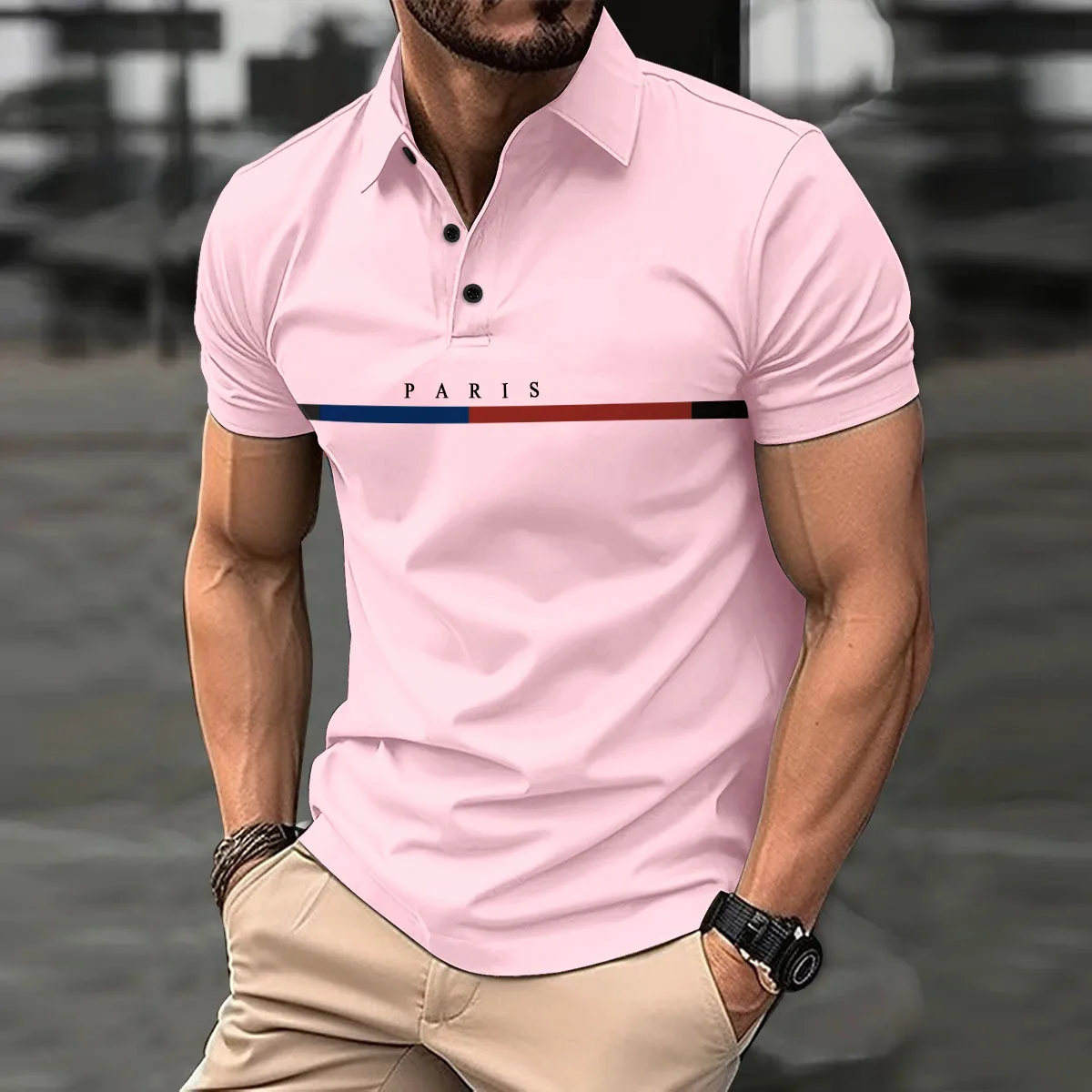 Spring and summer new style men's casual short-sleeved POLO shirt fashion French loose stripes matching color button blazer