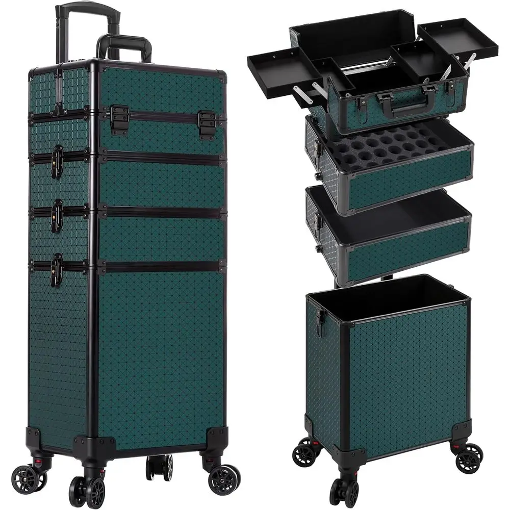 

4-in-1 Rolling Cosmetology Case with Large Storage, Key, and Wheels for Travel, Green