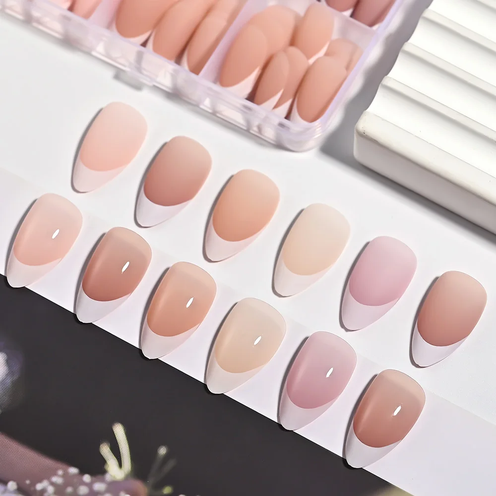 360 قطعة/صندوق الأبيض الفرنسية تلميح اضغط على الأظافر عارية الوردي المتوسطة اللوز الأظافر كاذبة غطاء كامل لامعة لينة هلام الفرنسية وهمية مسمار نصائح