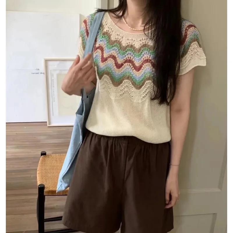 Vintage rainbow hollowed-out crew neck ice silk short-sleeved knitwear women's linen top thin loose age-reducing T-shirt summer