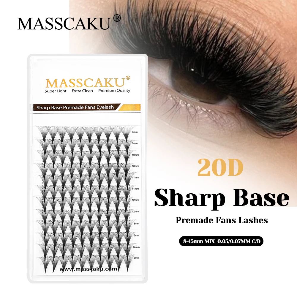 

Wholesale MASSCAKU 3D Effect Sharp Base Premade Fans Lash C D Curl 0.05/0.07mm Thickness Thin Root Pointy Base Lashes Supplies