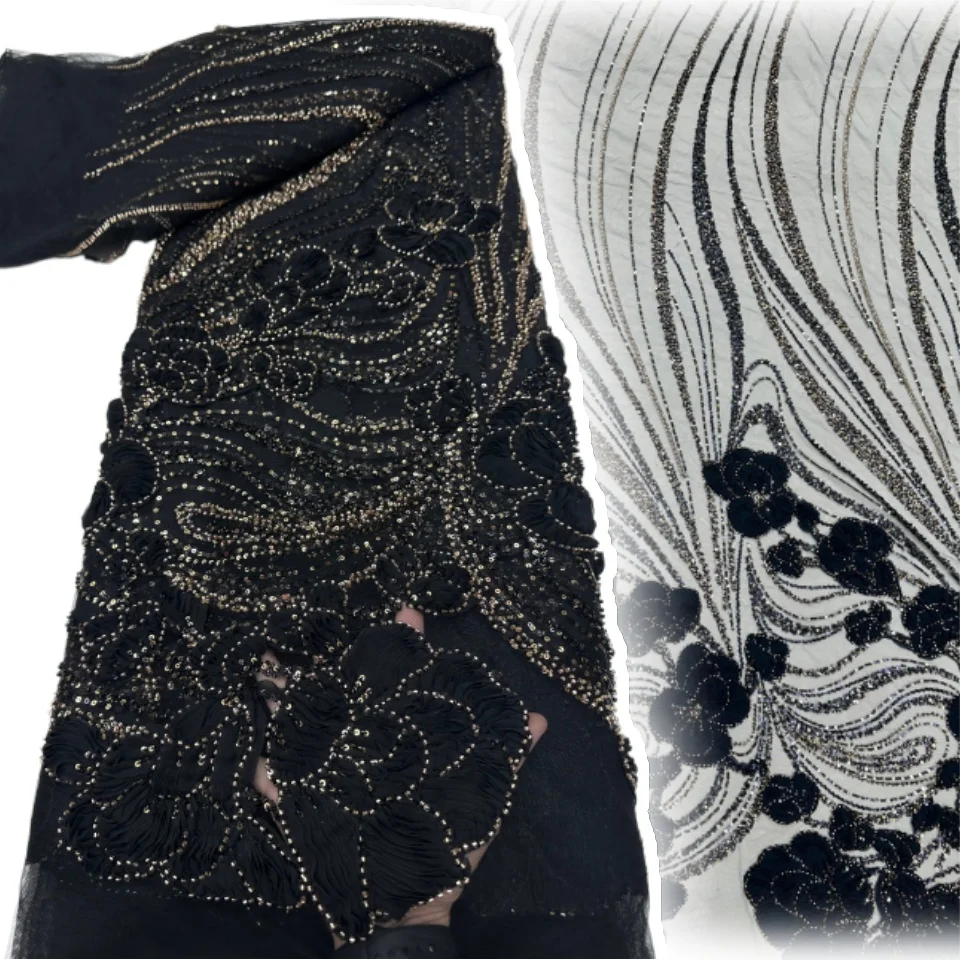 

New Design African Beaded Lace Fabric High Quality 3D French Nigerian Sequins Mesh Tulle Lace For Women Party Dress Sewing 2606