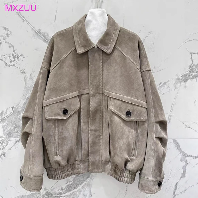 여성용 리얼 스웨이드 재킷 가을 겨울 루즈핏 라펠 지퍼 툴링 포켓 그레이/브라운 염소 가죽 프로필 코트 몬타우 여성용