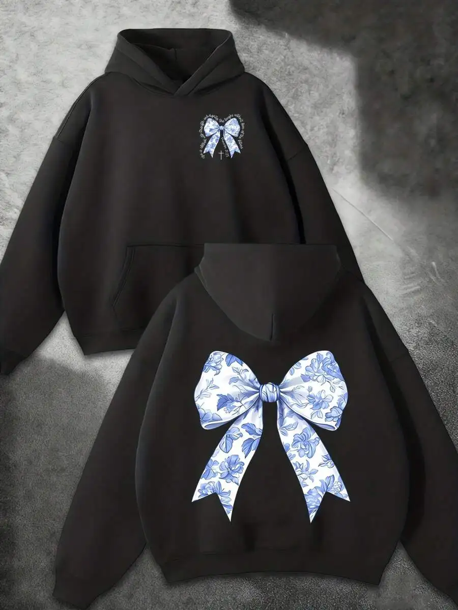 

Black Hooded Sweatshirt With Floral Bowknot Print Loose Fit Winter Warm Long Sleeve Casual Sportswear