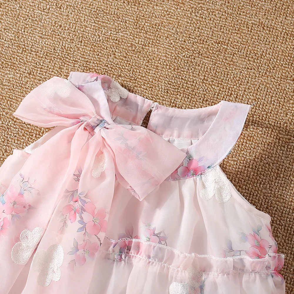 Summer New Baby Girls Dress Ribbon Bow Flower Print Mesh Dress Halter Sweet Princess Dress Birthday Party Dress (0-3 Years)