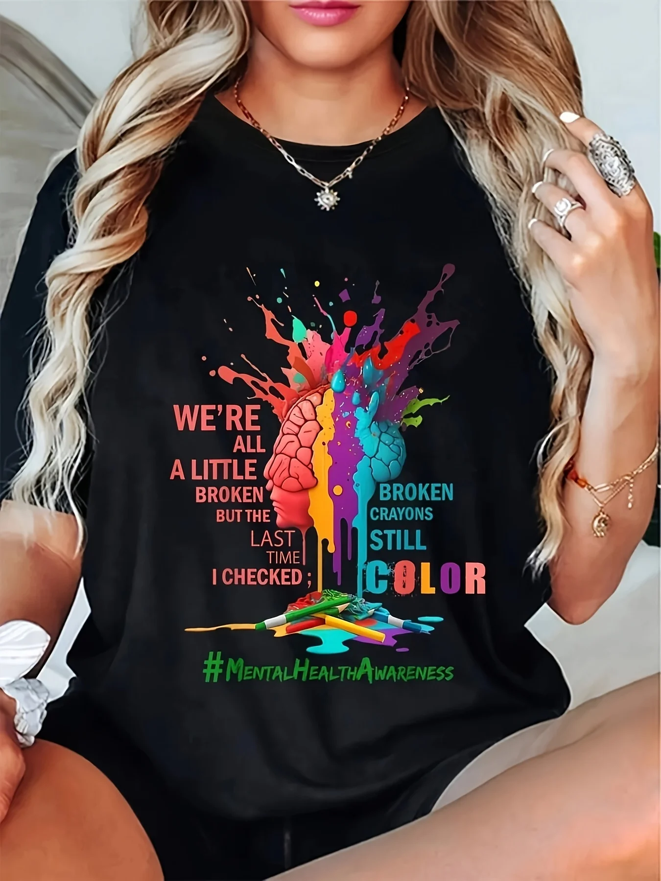 Women's Casual T-Shirt Black Mental Health Awareness Brain Crayon Color Print for Casual Attire
