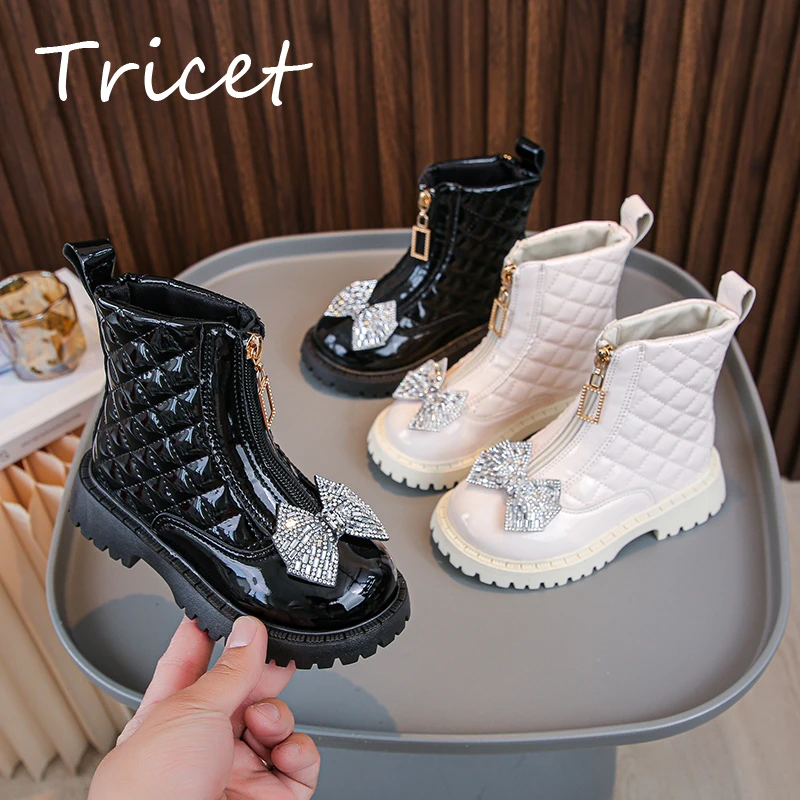 Bling Bow Girls Fashion Boots Solid PU Leather Non Slip Children Ankle Shoes Spring Autumn Zipper Toddler Kids Boots