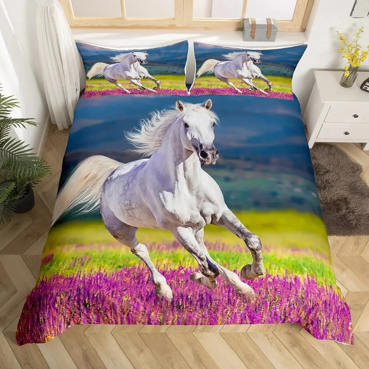 Farmhouse Horse Duvet Cover, Country Farm Animal Western Horse Twin King Bedding Set, Lavender Purple Flower Comforter Cover