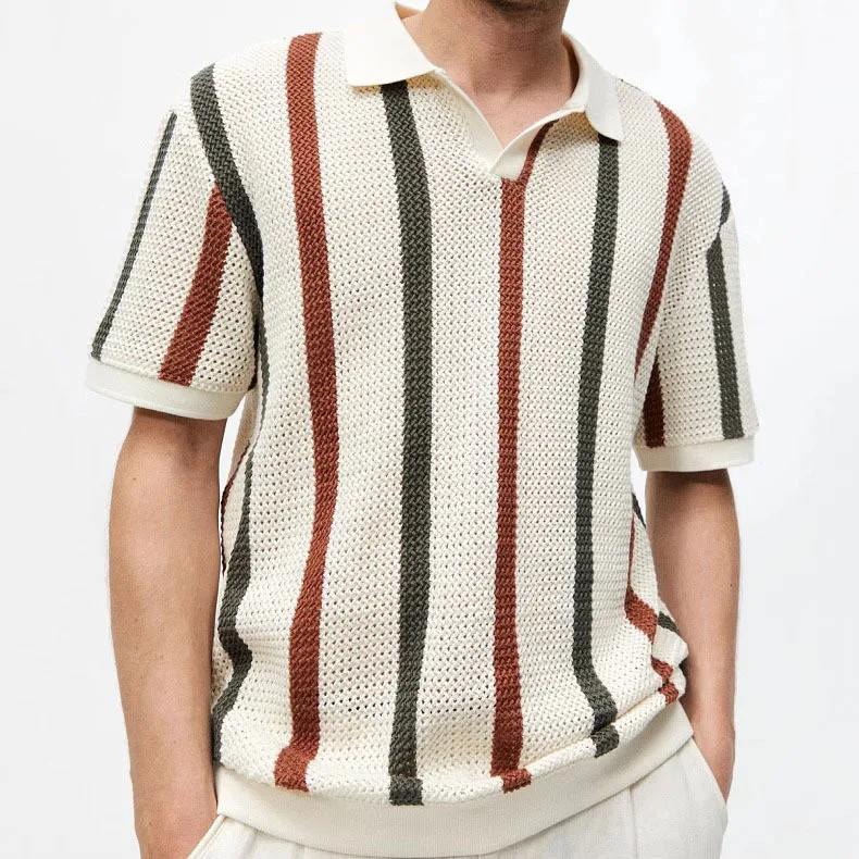 Short-sleeved Knitted Sweater Men's Hollow Stripes Contrasting Colors Slim-fitting Business T-shirt Spring And Summer New Fashio