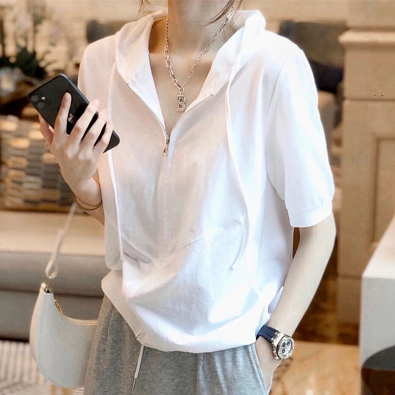 칭다오 브랜드 한국 슬레 여성 티셔츠 또는 스웨트셔츠 루즈핏 순면 화이트 탑 여름 캐주얼 웨어 출퇴근 패션