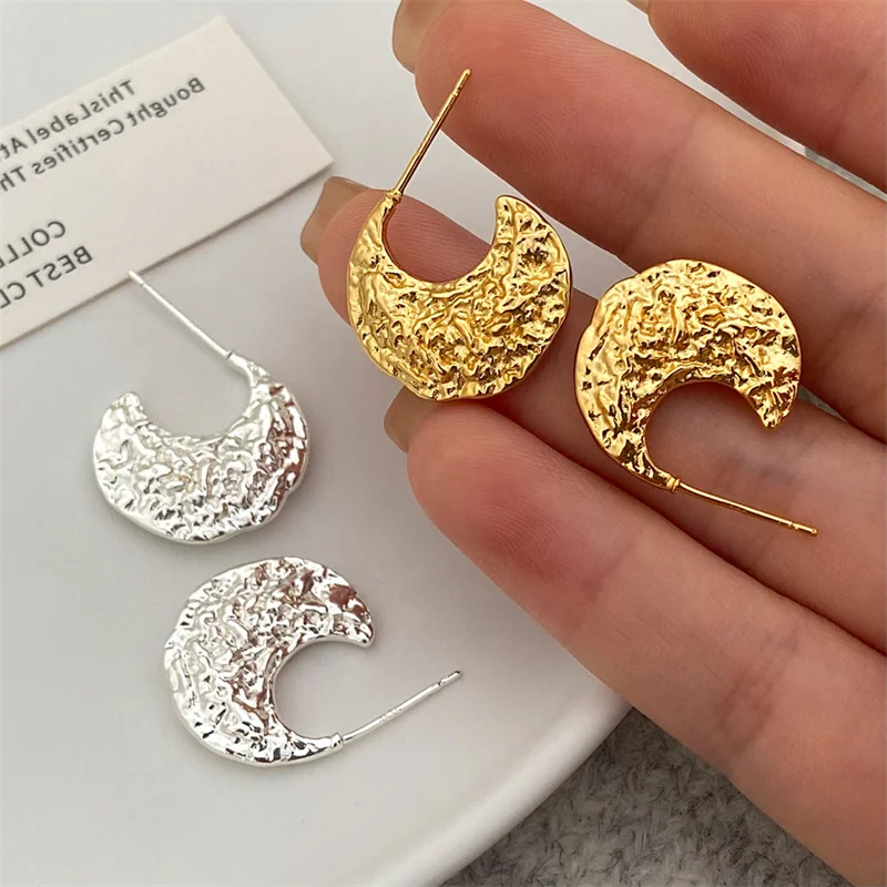 Fashionable Metal Surface Irregular Texture Moon Stud Earrings For Women Party Banquet Jewelry Gifts