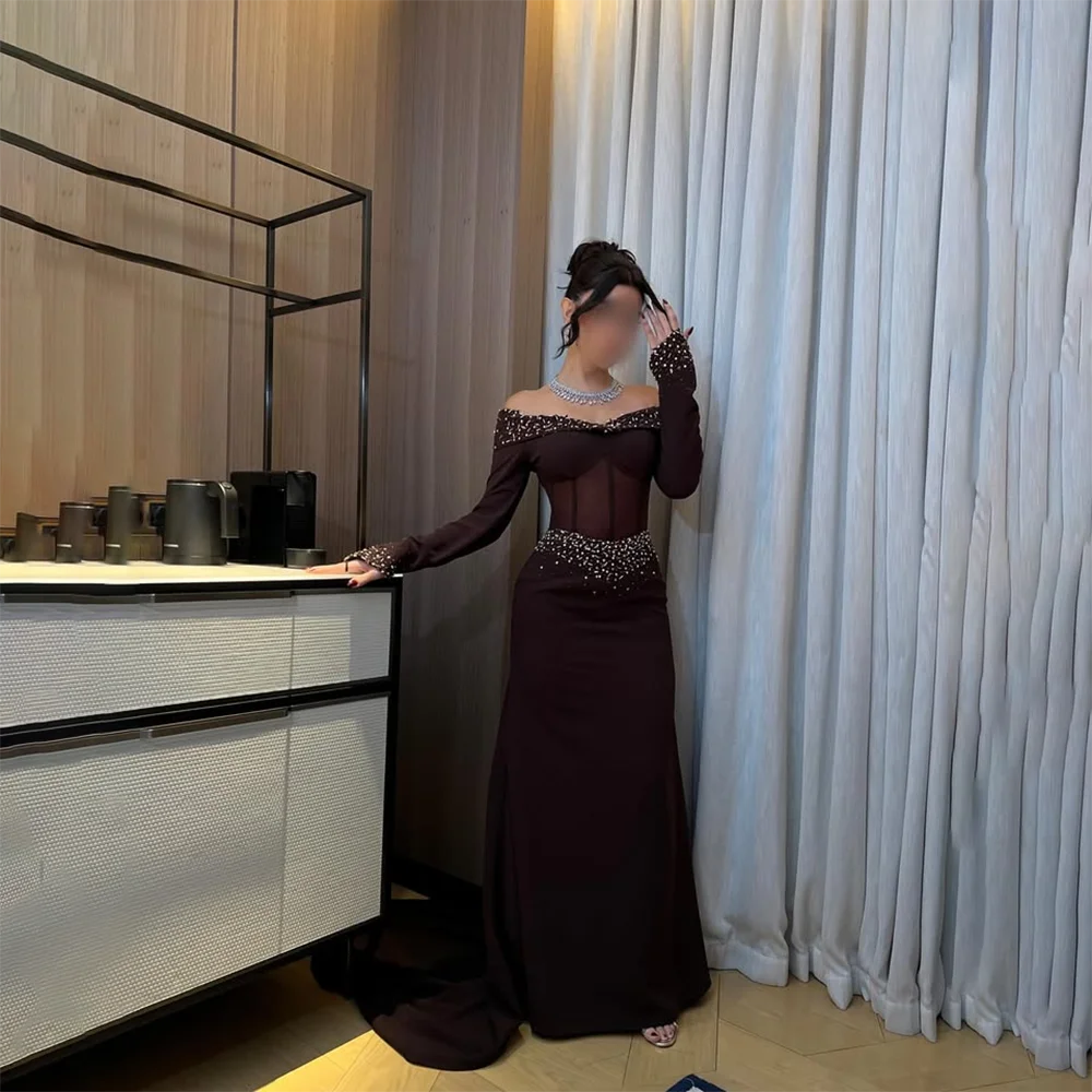 

Brown Evening Dress Off Shoulder Crystal Jersey Long Sleeves Formal Evening Gowns Floor Length Mermaid Party Dresses Customized