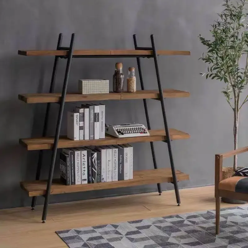 Creative personality retro solid wood wrought iron bookshelf multi-layer baffle display rack industrial style shelf