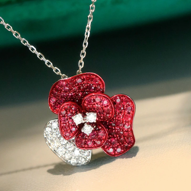 Aazuo غرامة مجوهرات 18K الذهب الأبيض الحقيقي الطبيعي روبي طقم مجوهرات فاخرة جميل زهرة قلادة هدية للنساء حفل زفاف