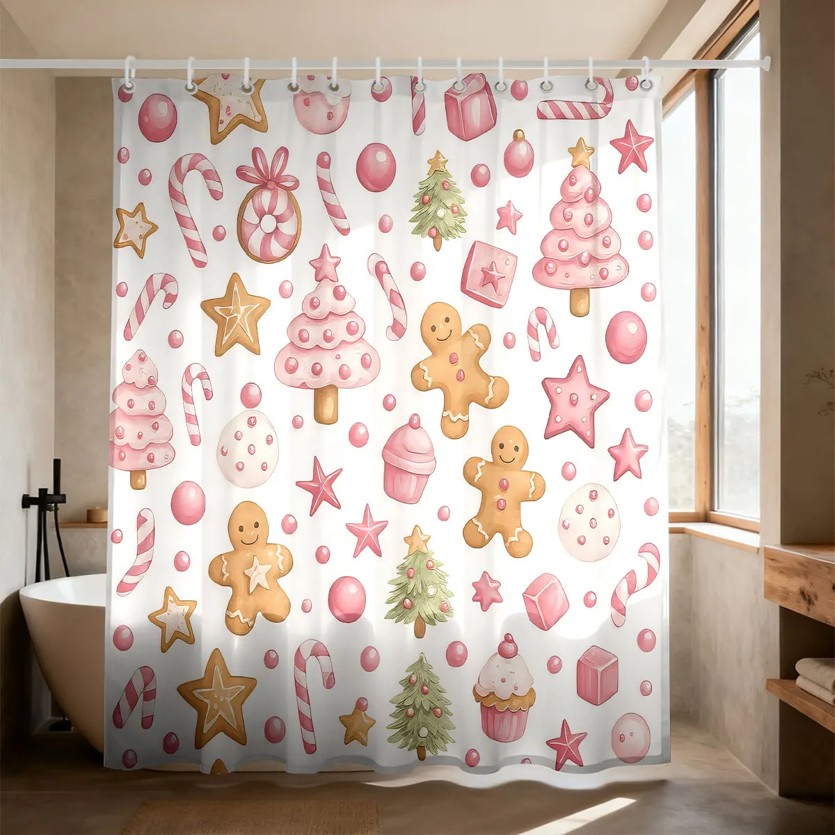 Christmas Gingerbread Shower Curtain with Hooks Waterproof Polyester Fabric Bathroom Modern Minimalist Curtains for Bath Room