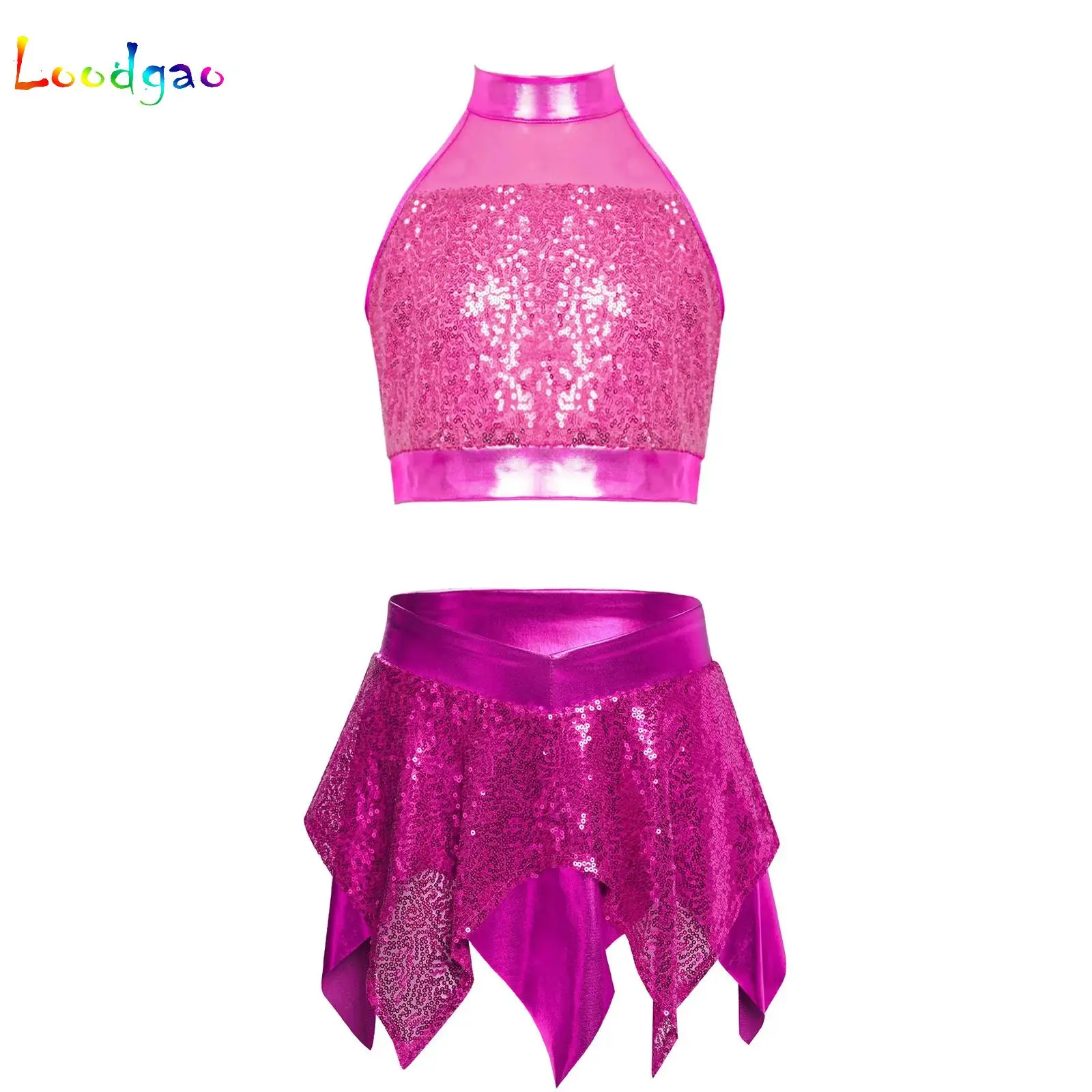 

Kids Girls Sequin Party Pageant Crop Top with Feather Briefs Skirt Set Disco Hip Hop Jazz Latin Performance Outfit Dancewear