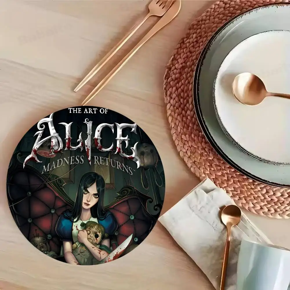 A-Alice M-Madness R-Returns pattern art painted wooden anti-slip coasters, suitable for decoration of living room kitchenware