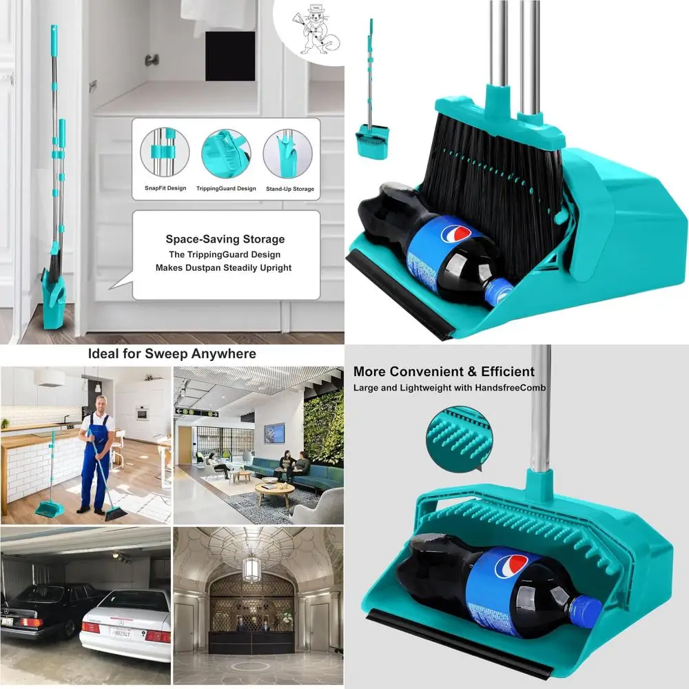 

Long-Handled Broom and Dustpan Combo Set, 51 Blue, Large Upright Broom with ZeroGap Edge and Self-Cleaning Teeth for Lobbies and