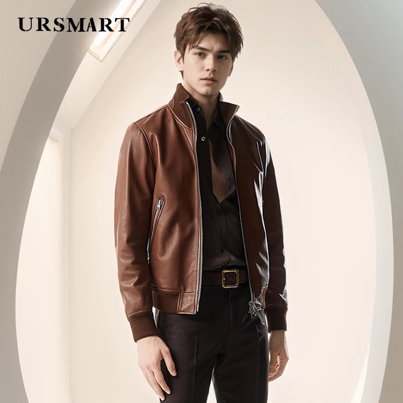 

Men's High-Quality Brown Calf Leather Jacket - Classic British Style Custom Stand-Up Collar Sheepskin Coat