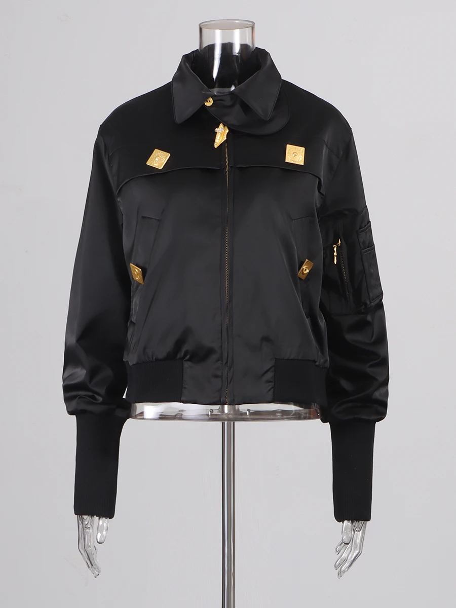 TWOTWINSTYLE Jednolite, łączone, cekinowe kurtki damskie z wysokim kołnierzem, długimi rękawami, patchworkowe kurtki na zamek błyskawiczny, nowe ubrania damskie